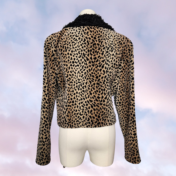 Vtg 90s Leopard Print Tan Black Boho Western Tapestry Fuzzy Faux Fur Jacket Sz M - Picture 3 of 9